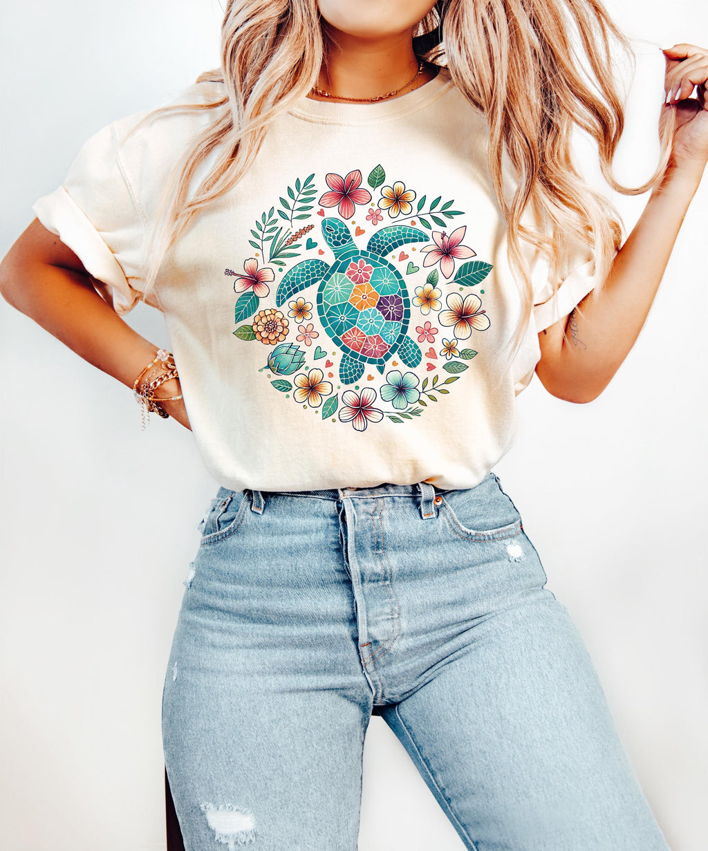 Floral Turtle Comfort Shirt, Cute Beach Tshirt, Trendy Summer Floral Tee, Oversized Beach Tee, Earth Day Shirt, Women's Tee, Gift for Her