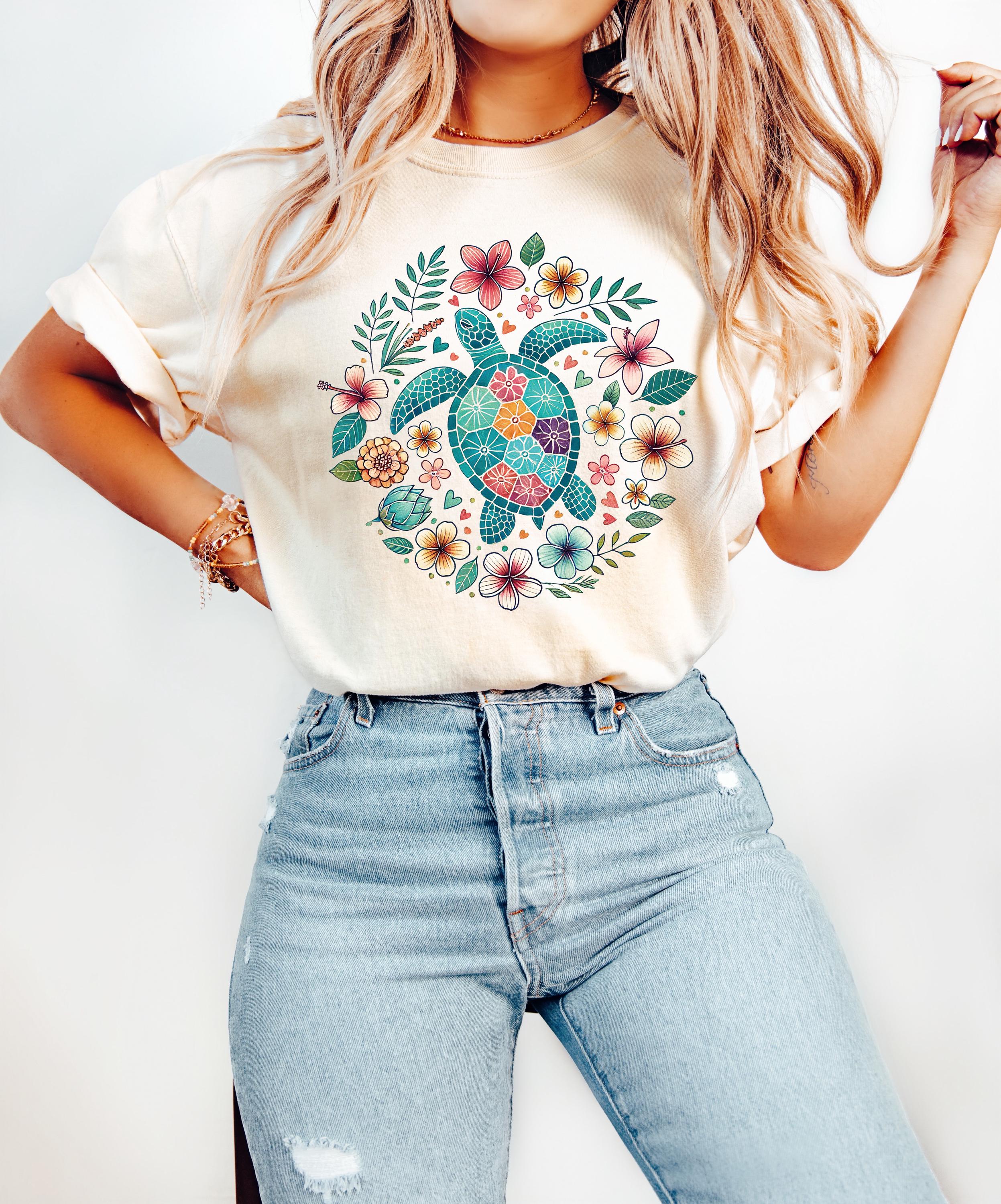 Floral Turtle Comfort Shirt, Cute Beach Tshirt, Trendy Summer Floral Tee, Oversized Beach Tee, Earth Day Shirt, Women's Tee, Gift for Her