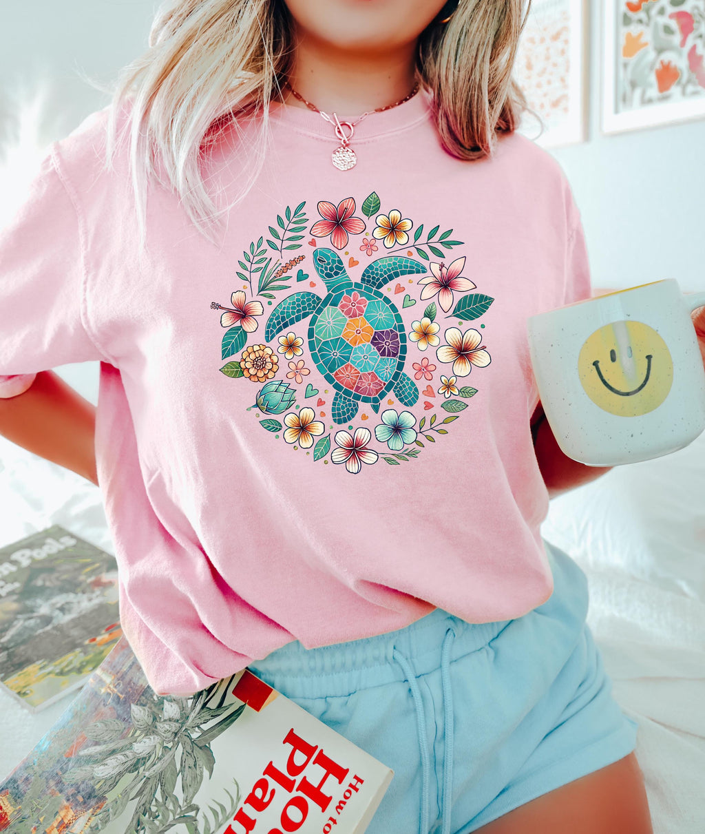 Floral Turtle Comfort Shirt, Cute Beach Tshirt, Trendy Summer Floral Tee, Oversized Beach Tee, Earth Day Shirt, Women's Tee, Gift for Her