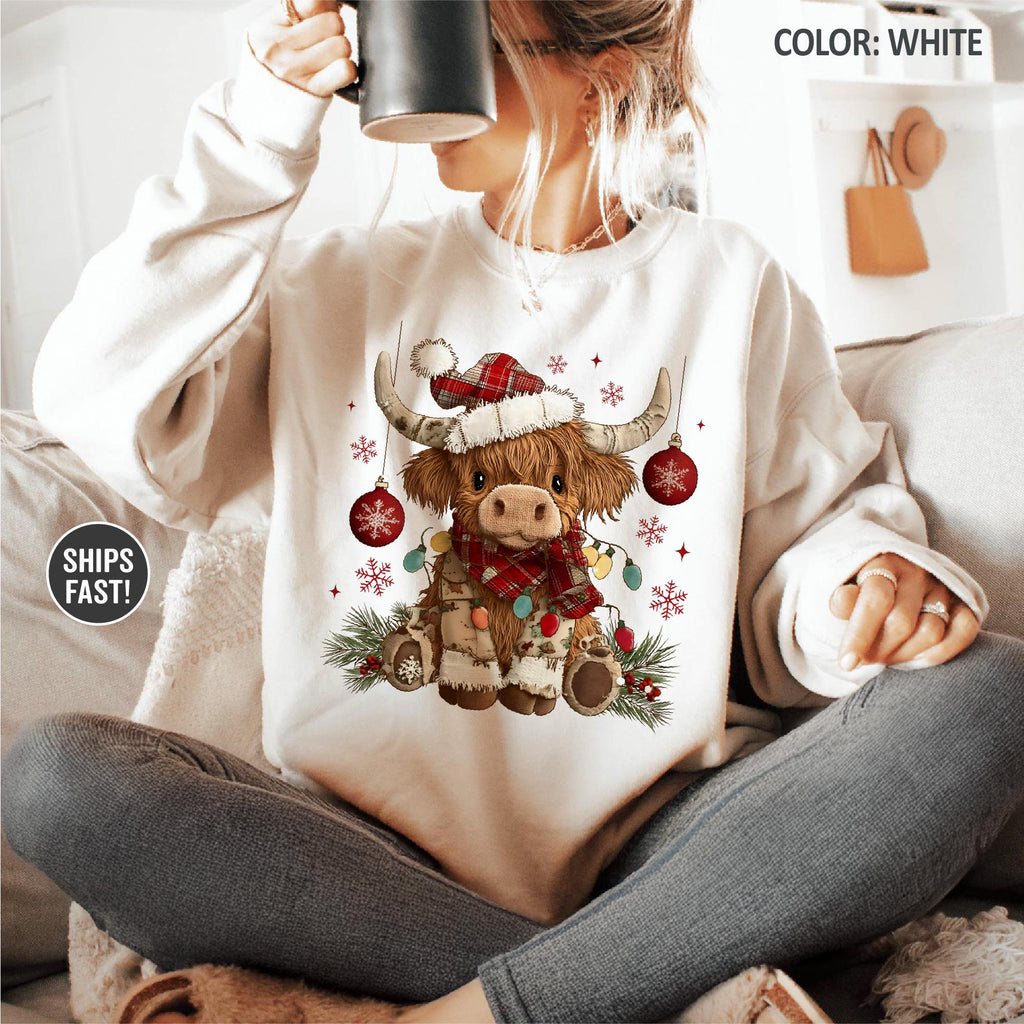 Christmas Cow Sweatshirt, Trendy Cute Highland Cow TShirt, Women Cow Lover Gift, Farmer Christmas Gift, Cow Xmas Holiday Tee