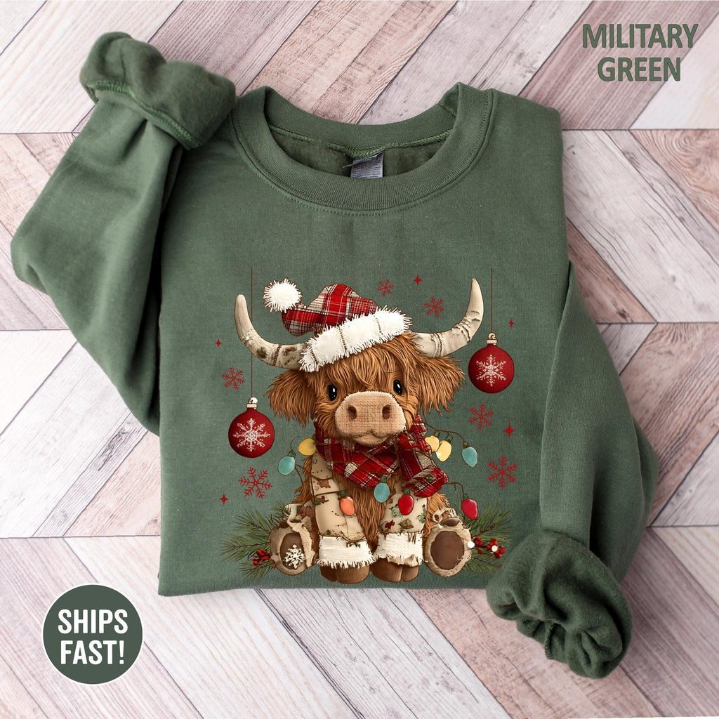 Christmas Cow Sweatshirt, Trendy Cute Highland Cow TShirt, Women Cow Lover Gift, Farmer Christmas Gift, Cow Xmas Holiday Tee
