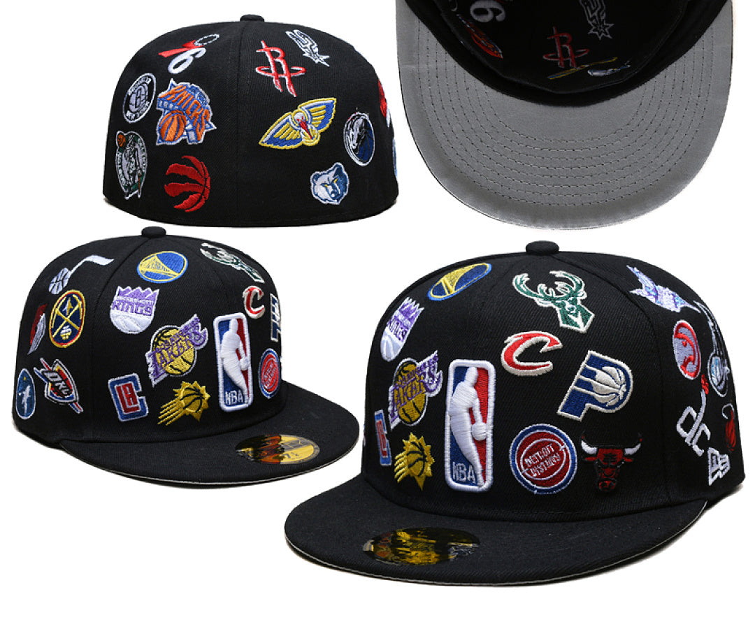 Multi Team Logo All Over Embroidered Flat Bill Fitted Streetwear Baseball Cap